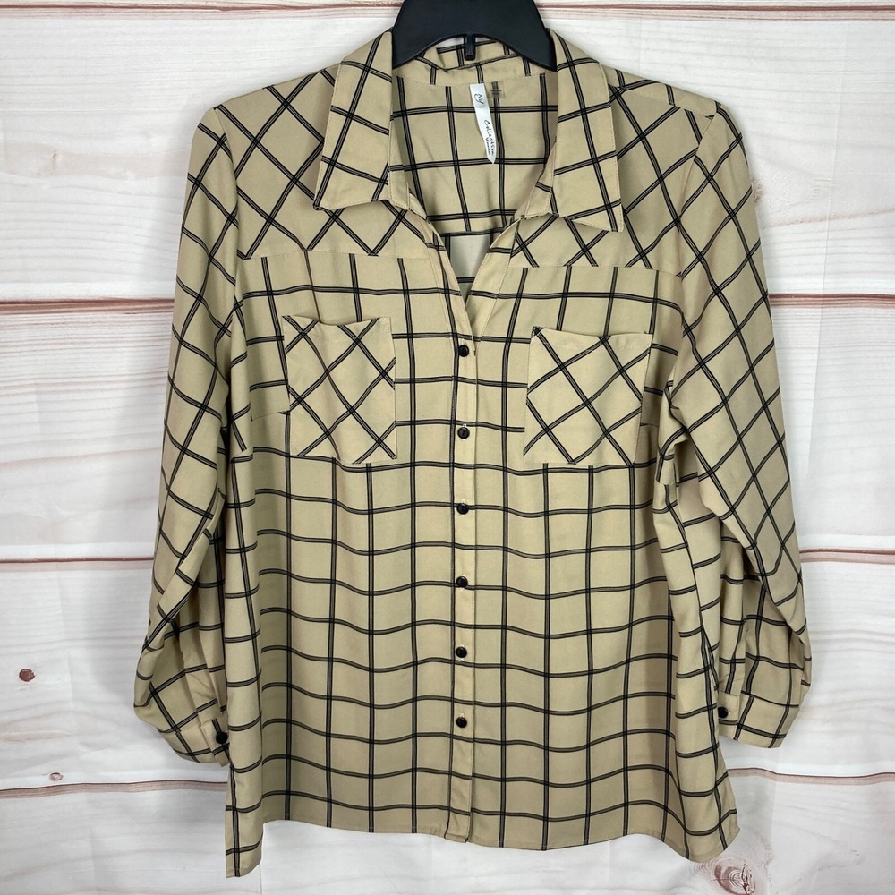 NY Collection Top Womens 2X Beige Black Check Shirt Button Up Long Sleeve Woven